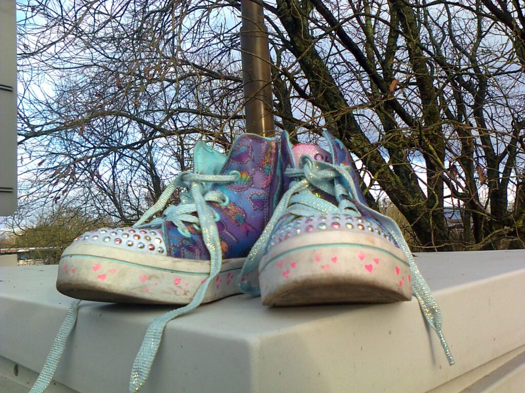 Apair of brightly-coloured, glittery baseball boots sit on top of a roadside telecoms box. There are trees in the background.