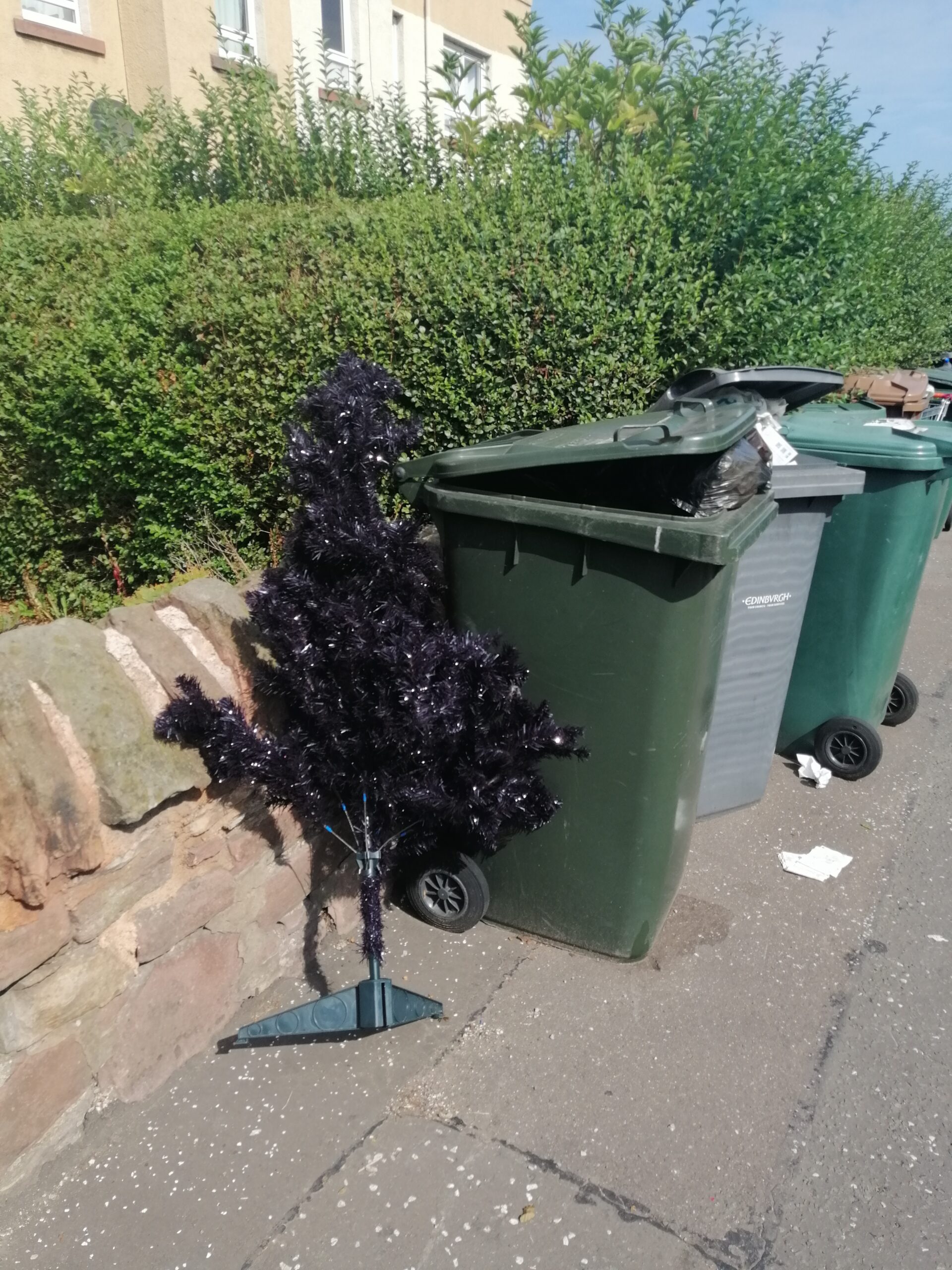 A broken purple artificial Christmas tree is propped up against a green domestic waste bin, in Edinburgh after 10 days of strike action.